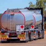 Back side of road train transporting gasoline in Australian Outback